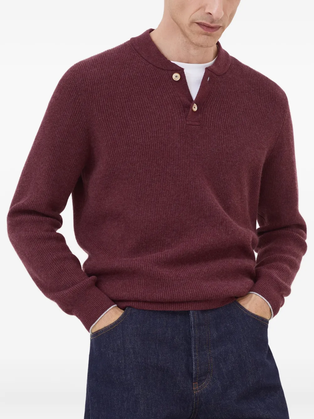 Brunello Cucinelli ribbed henley sweater Rood