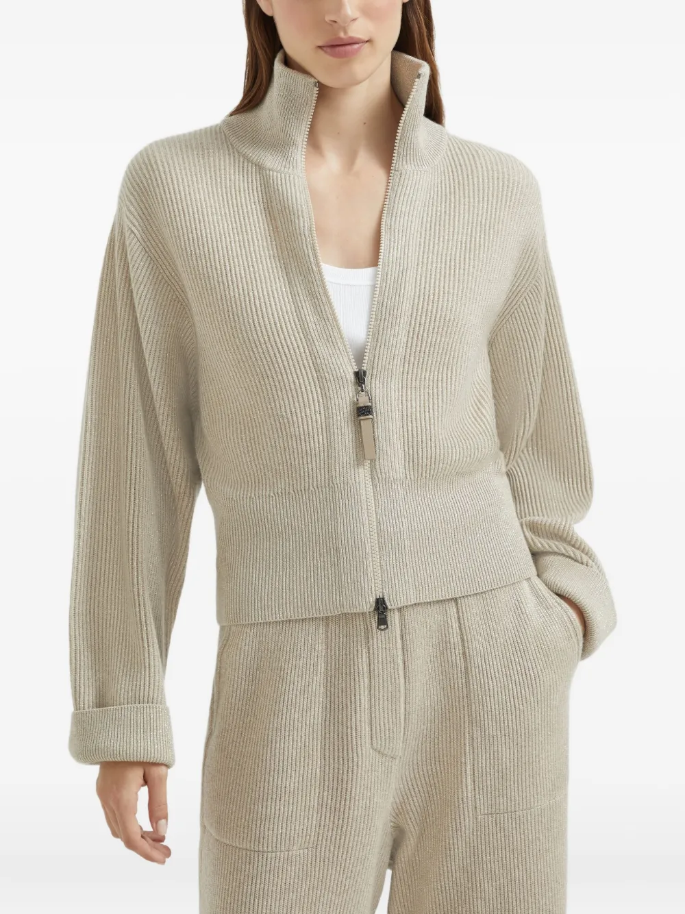Brunello Cucinelli Geribbelde trui met rits Beige