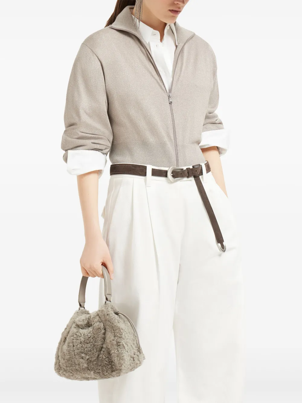 Brunello Cucinelli Shearling Tote Bag In Neutral