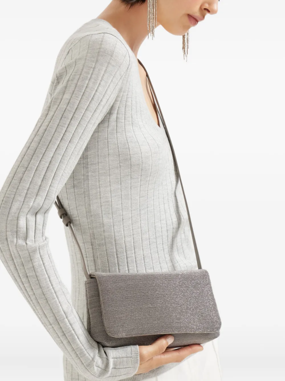 Brunello Cucinelli Monili-embellished leather cross body bag Grijs