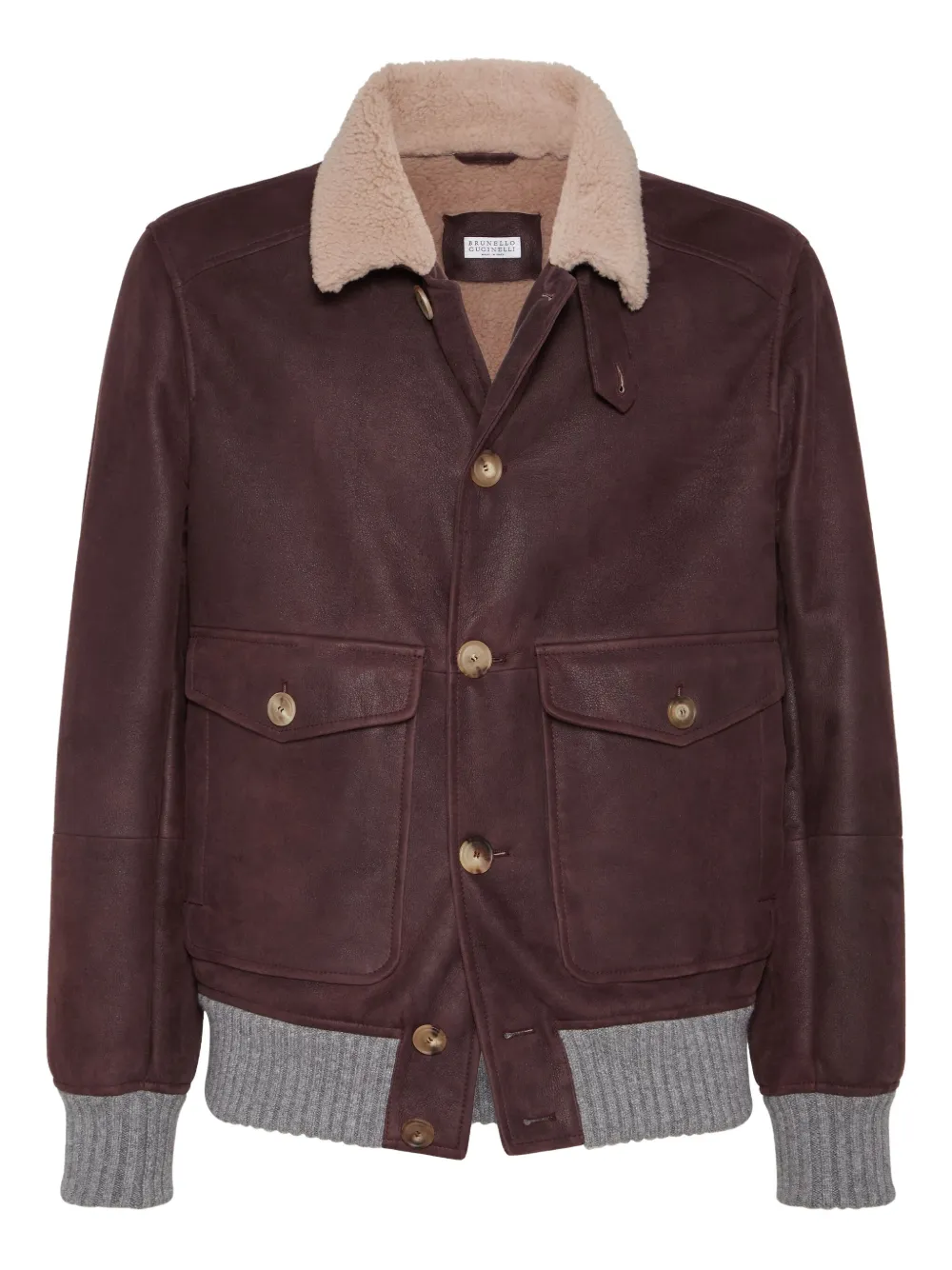 Brunello Cucinelli Leren jack met lammy kraag Paars