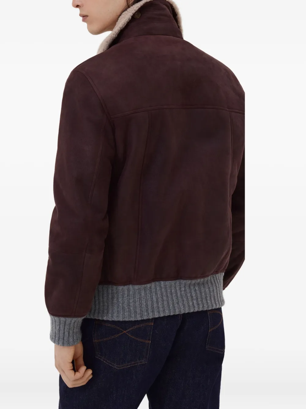 Brunello Cucinelli Leren jack met lammy kraag Paars