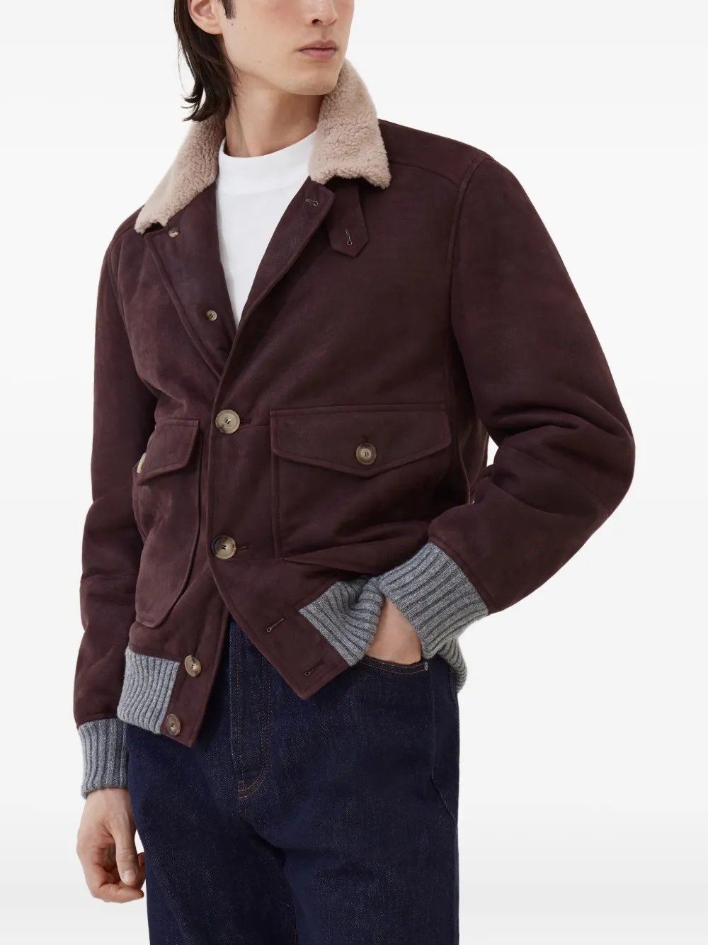 Brunello Cucinelli Leren jack met lammy kraag Paars
