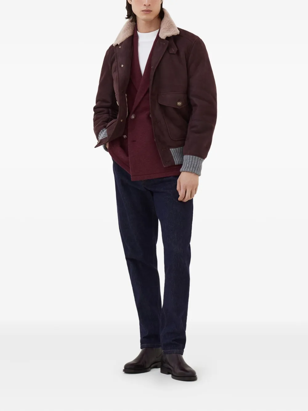 Brunello Cucinelli Leren jack met lammy kraag Paars
