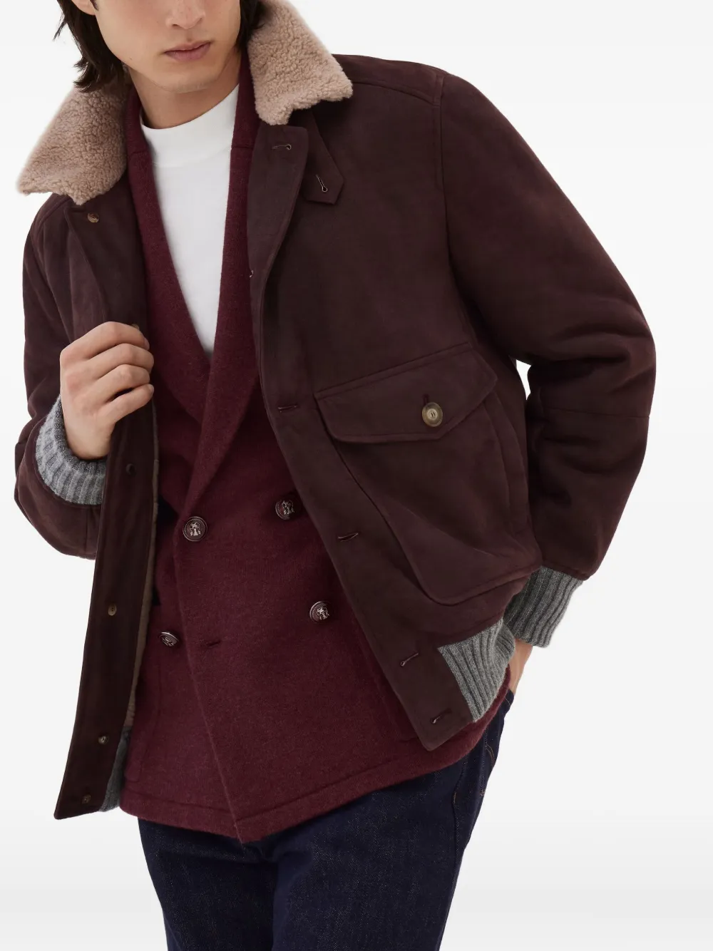 Brunello Cucinelli Leren jack met lammy kraag Paars