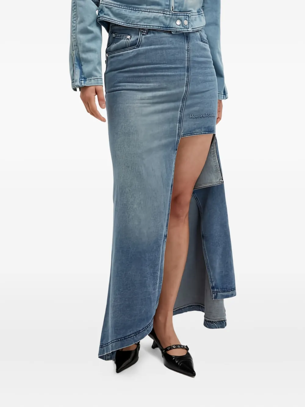 House Of Sunny Asymmetric Fishtail Denim Skirt In Blue