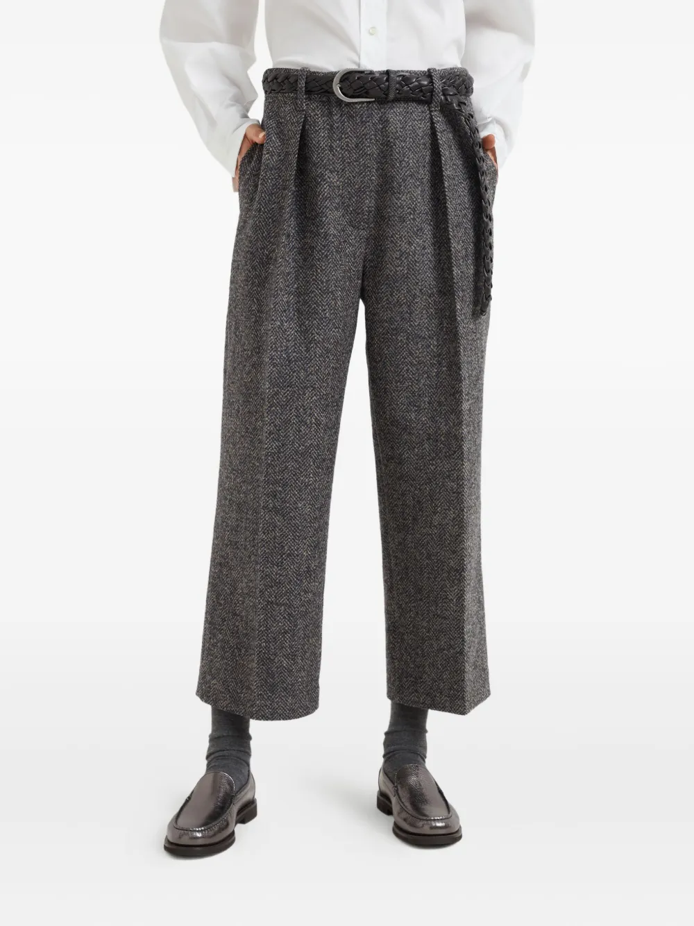 Brunello Cucinelli herringbone tweed pleated trousers Blauw