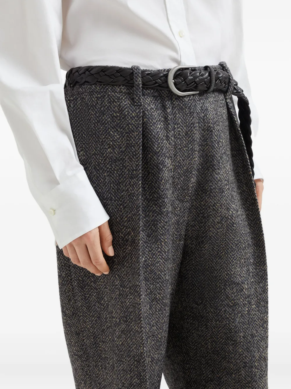 Brunello Cucinelli herringbone tweed pleated trousers Blauw
