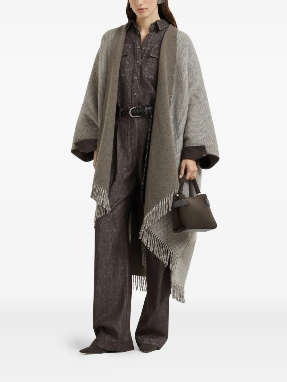 Brunello Cucinelli herringbone-pattern fringed poncho | Capes | Image 2