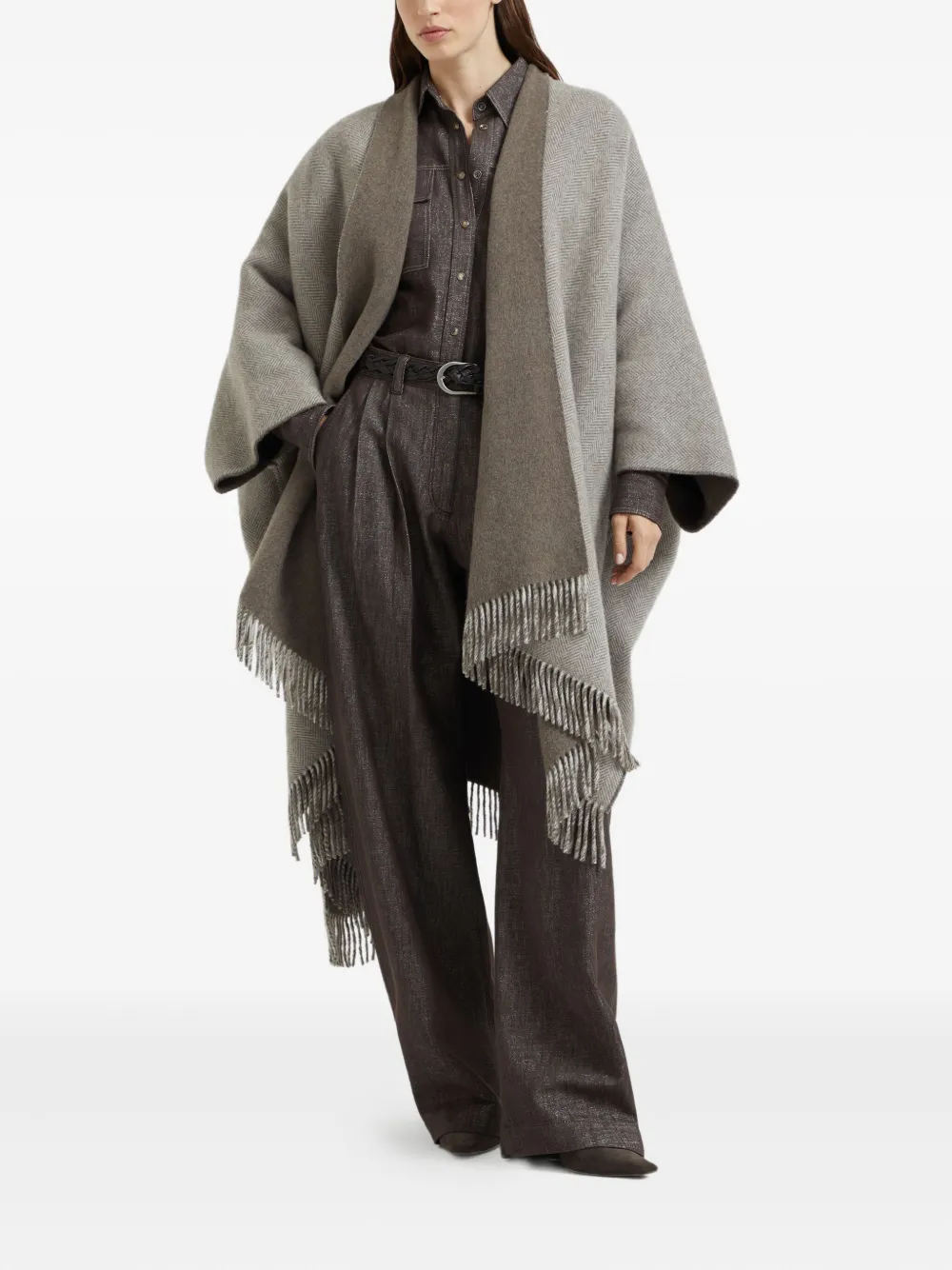 Brunello Cucinelli Herringbone-pattern Fringed Poncho In Gray