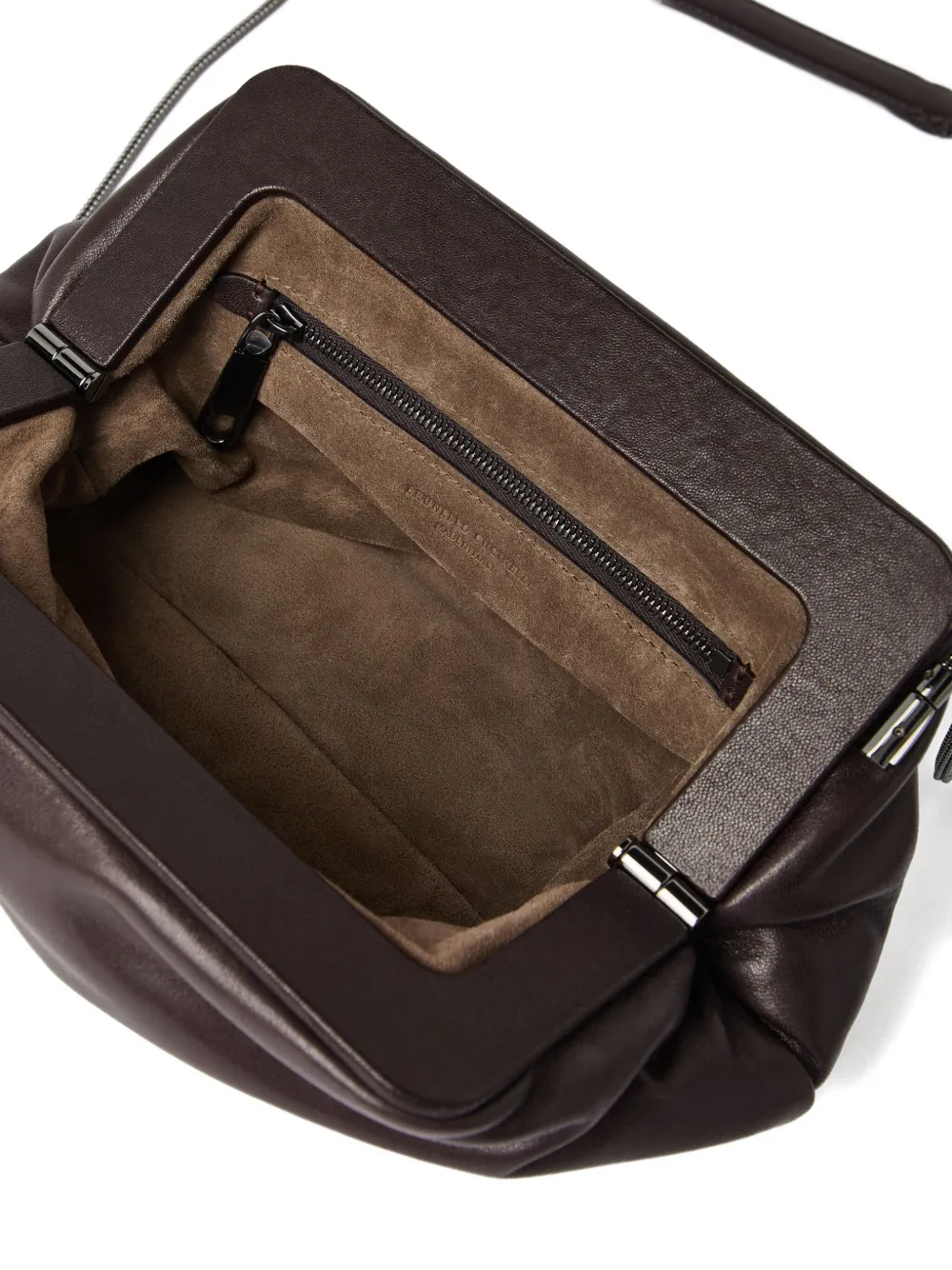 Brunello Cucinelli Leren clutch met kettinghengsel Bruin