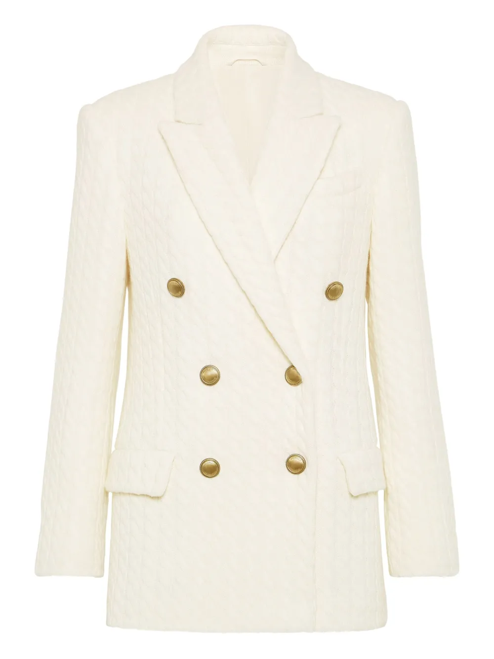 Brunello Cucinelli Cable Knit Double-breasted Blazer In White