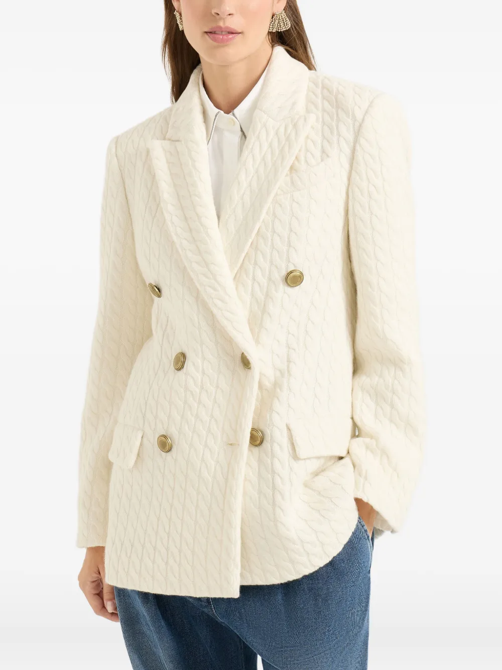 Brunello Cucinelli cable knit double-breasted blazer Wit