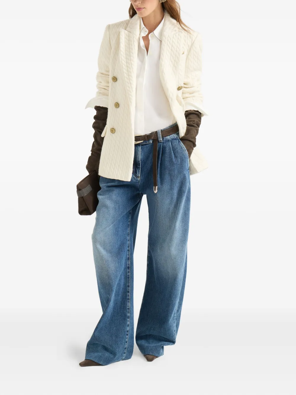 Brunello Cucinelli cable knit double-breasted blazer Wit