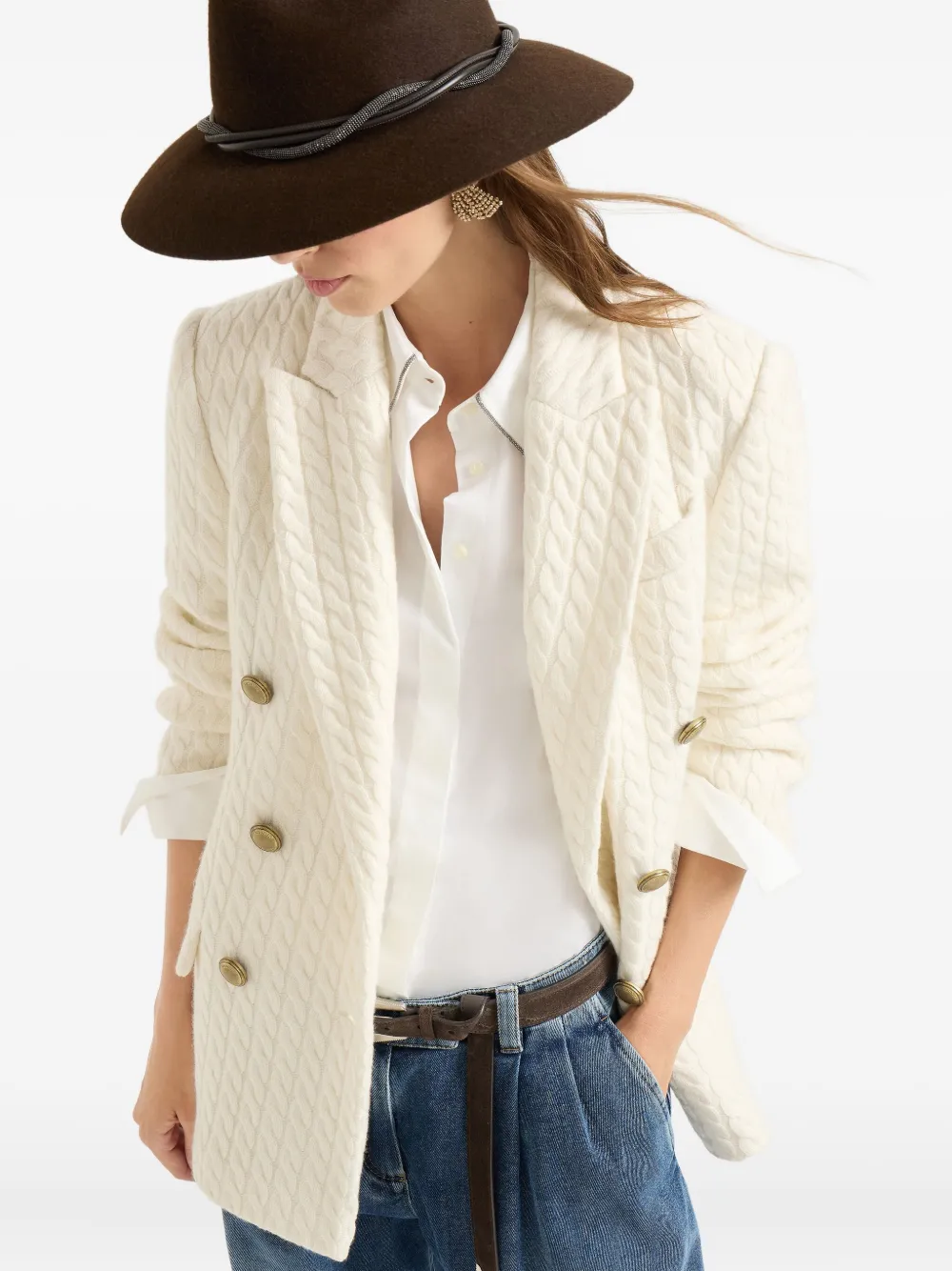 Brunello Cucinelli cable knit double-breasted blazer Wit