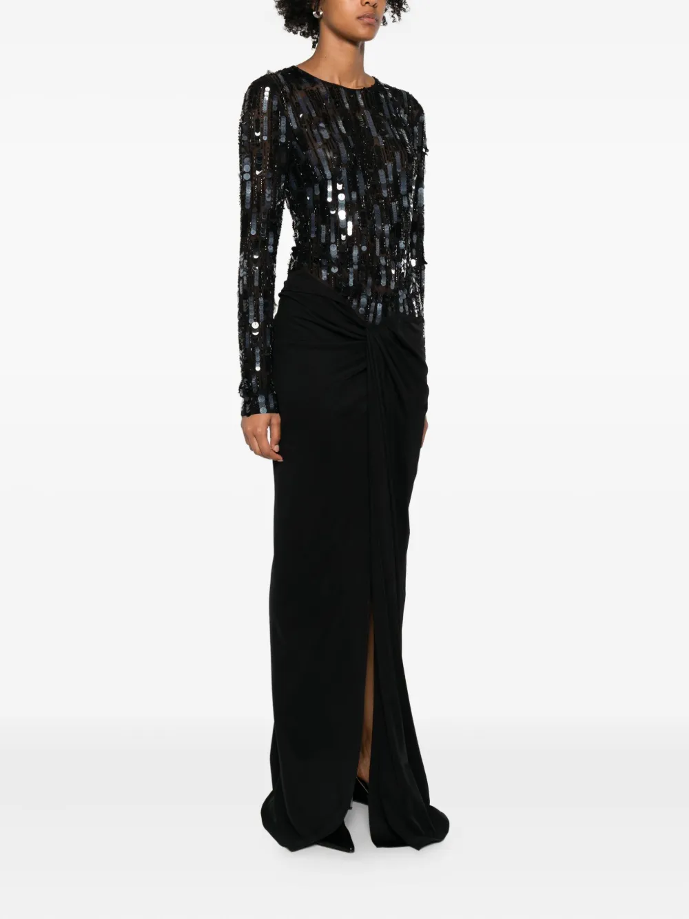 Elisabetta Franchi Sequin-embellished Draped Maxi Dress In Black