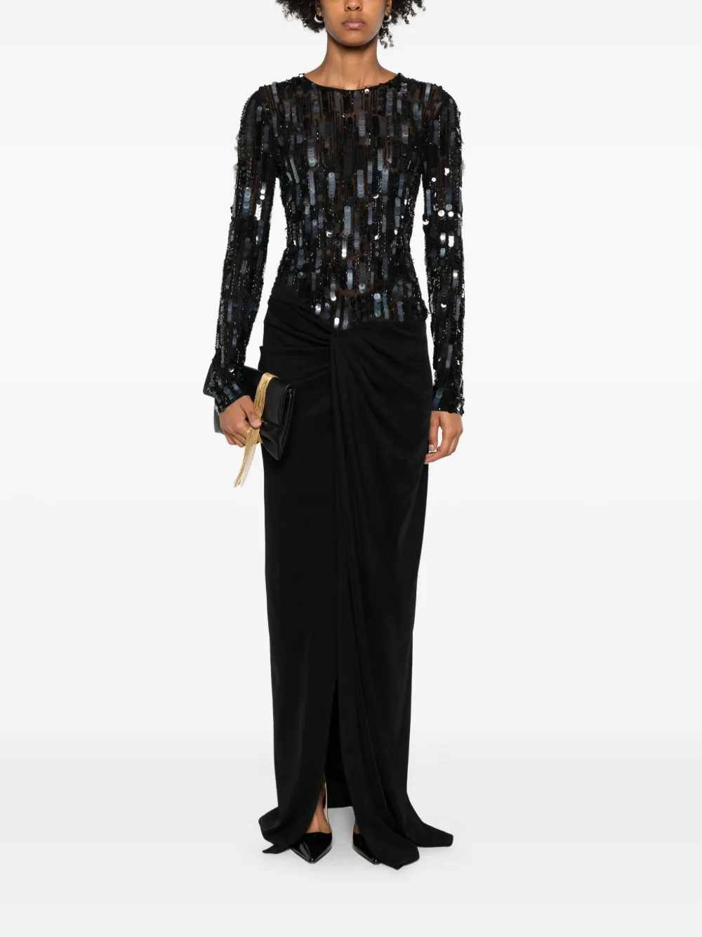 Elisabetta Franchi Sequin-embellished Draped Maxi Dress In Black