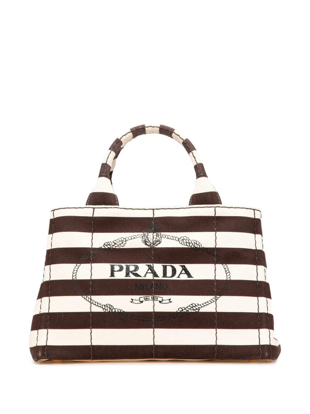 Prada Pre-Owned 2013-2025 スモール キャンバス ストライプ カナパ ロゴ サッチェルバッグ - ブラウン Prada Pre-Owned 2013-2025 スモール キャンバス ストライプ カナパ ロゴ サッチェルバッグ - ブラウン