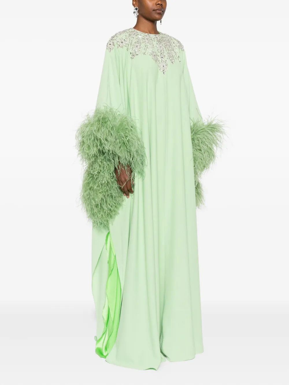 Dina Melwani Embellished Feather-trimmed Dress In Green
