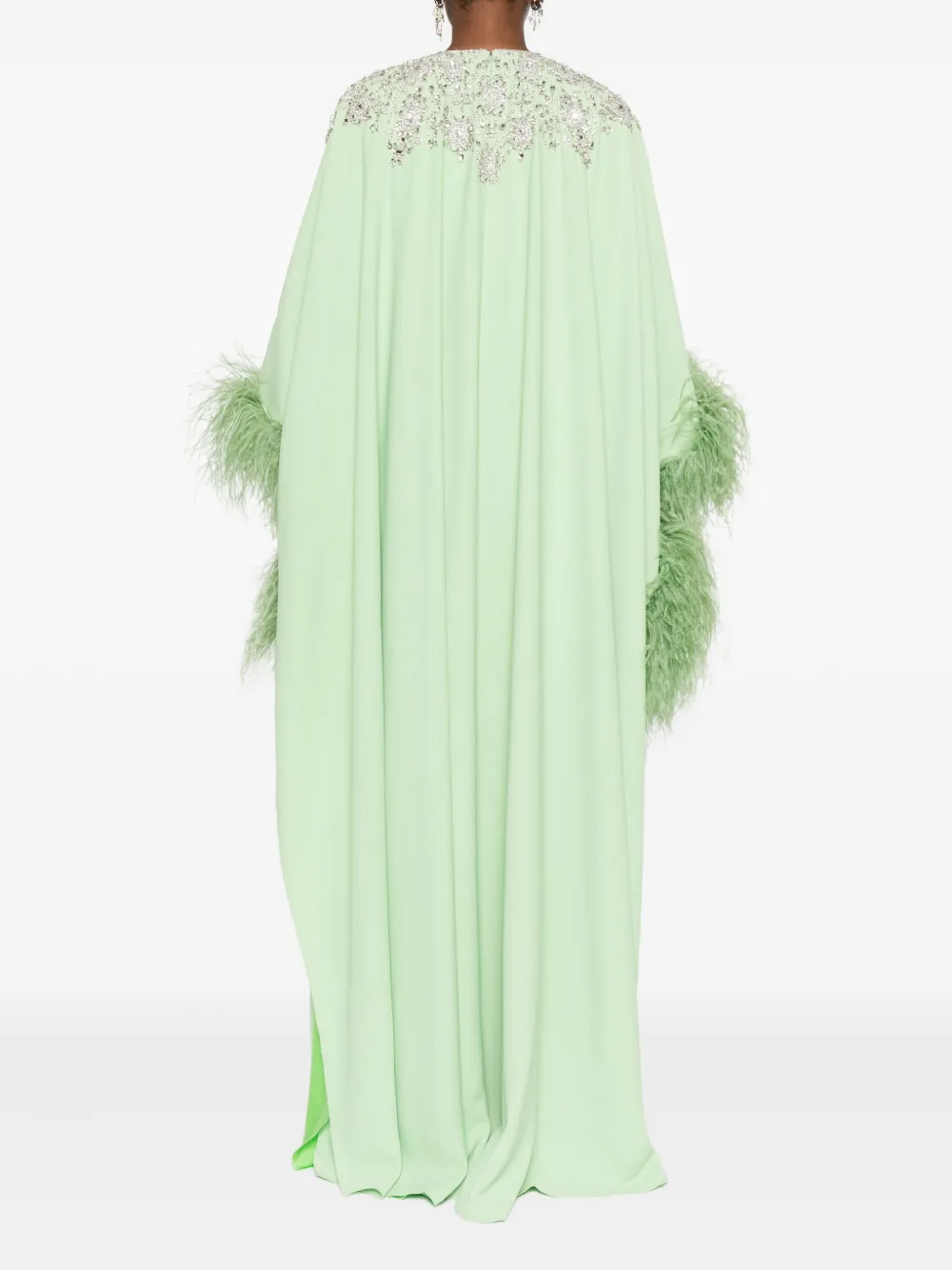 Dina Melwani Embellished Feather-trimmed Dress In Green