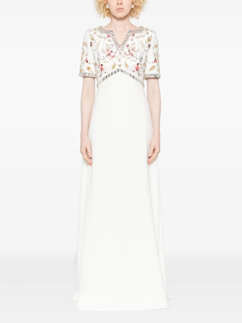 Dina Melwani Verfraaide maxi-jurk met korte mouwen - Wit
