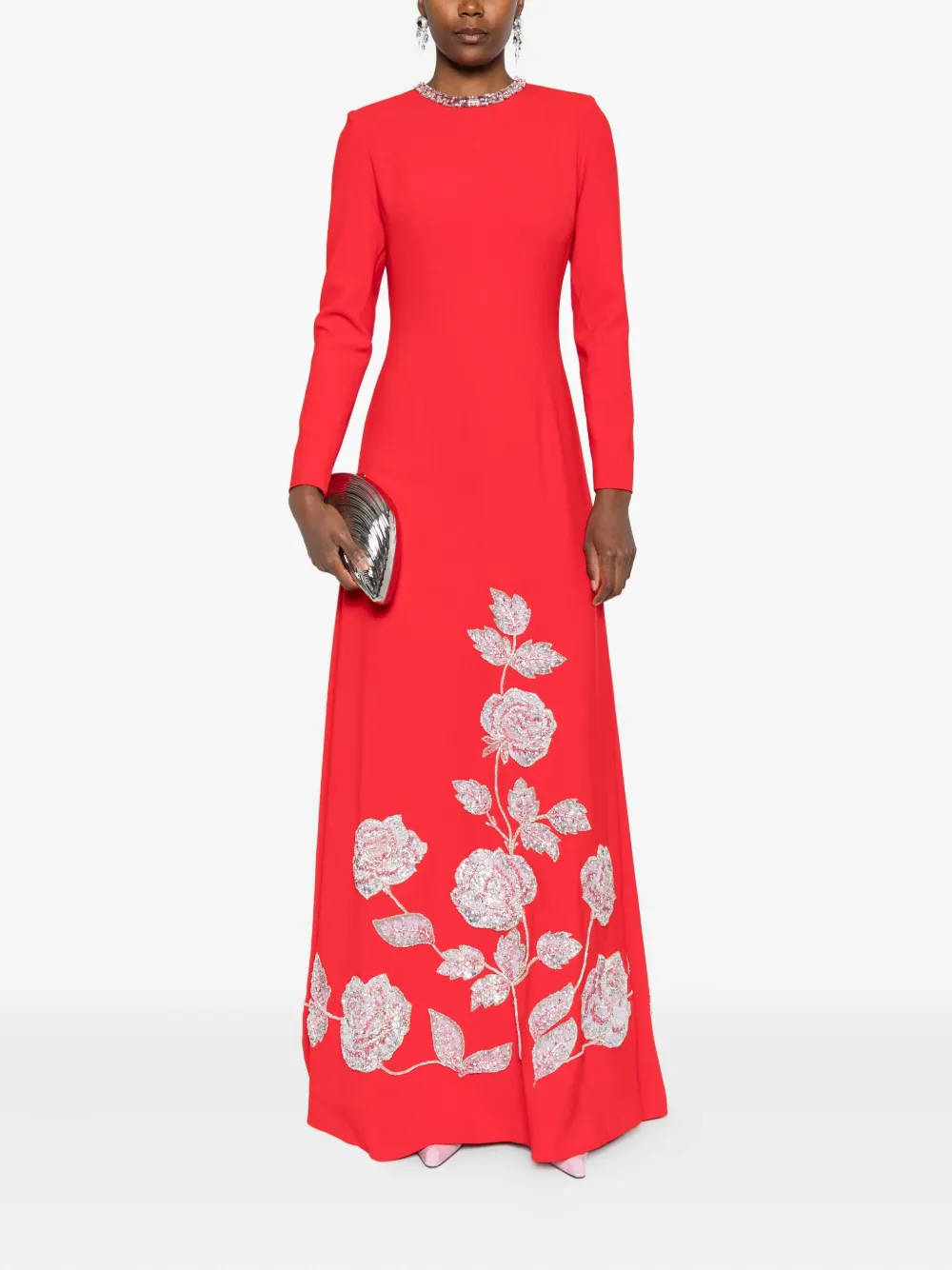 Dina Melwani Maxi-jurk verfraaid met rozen - Rood
