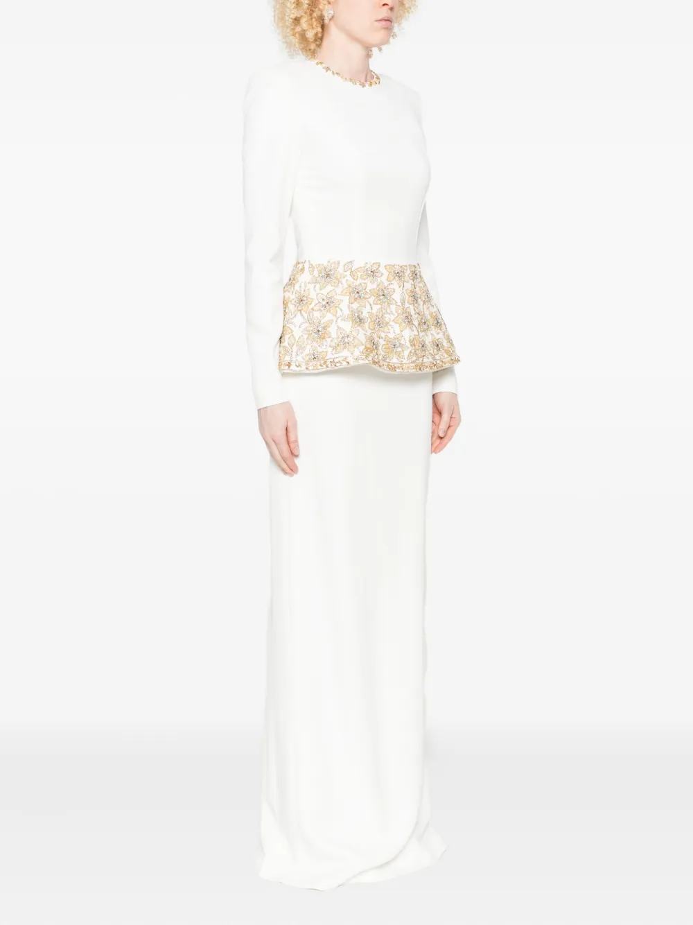 Dina Melwani Embroidered Peplum Dress In White
