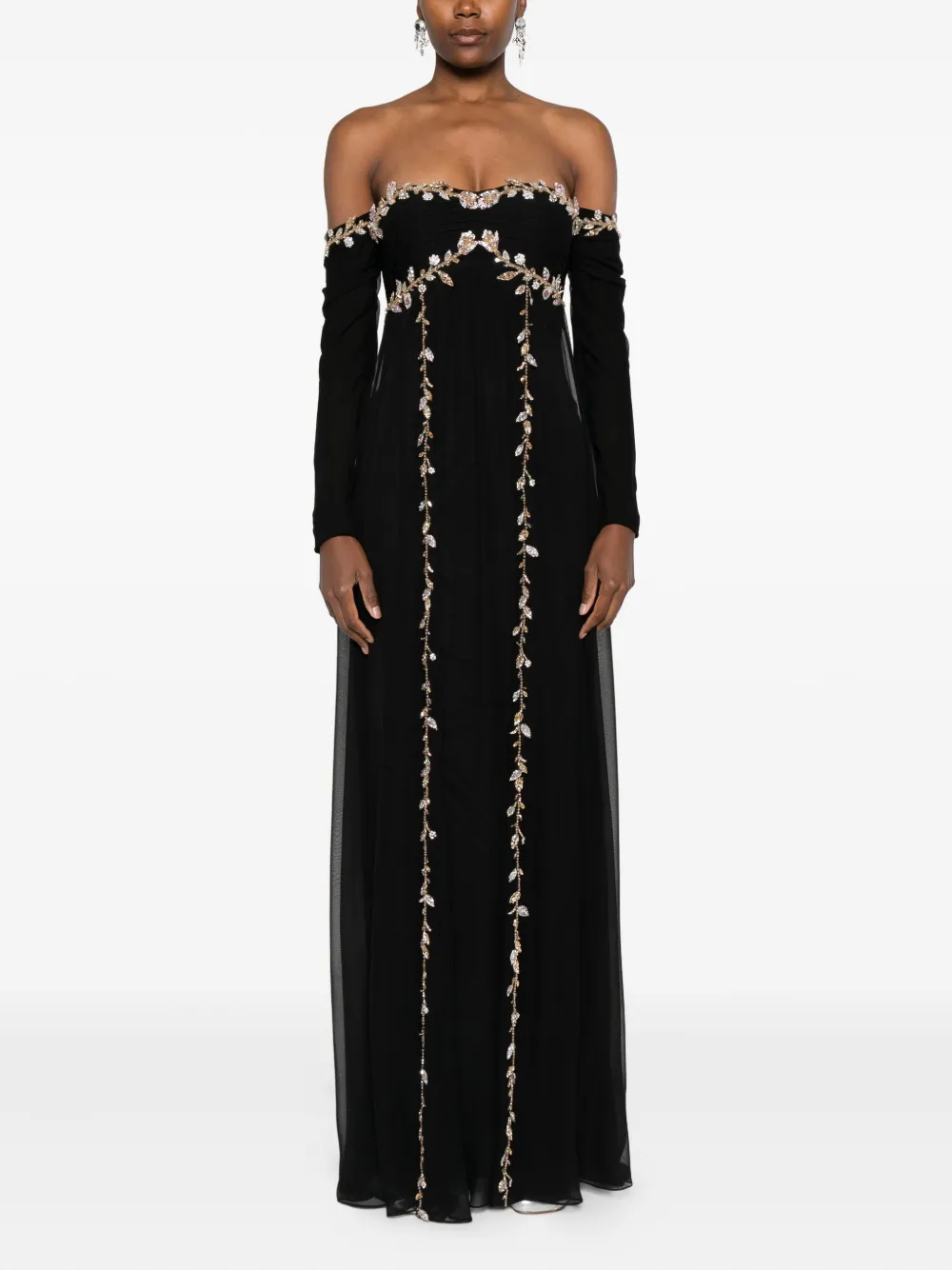 Dina Melwani Off-shoulder verfraaide maxi-jurk - Zwart
