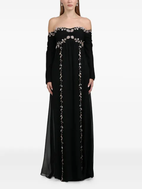 Dina Melwani vestido largo con hombros descubiertos y detalle de moño