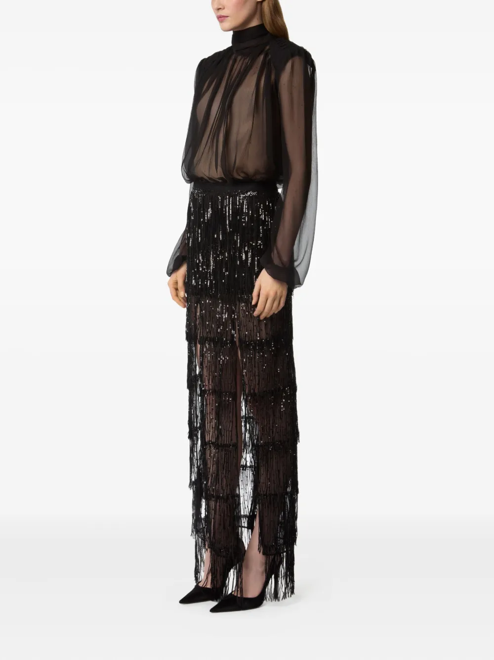 Nina Ricci Sequin-fringed Maxi Skirt In Black