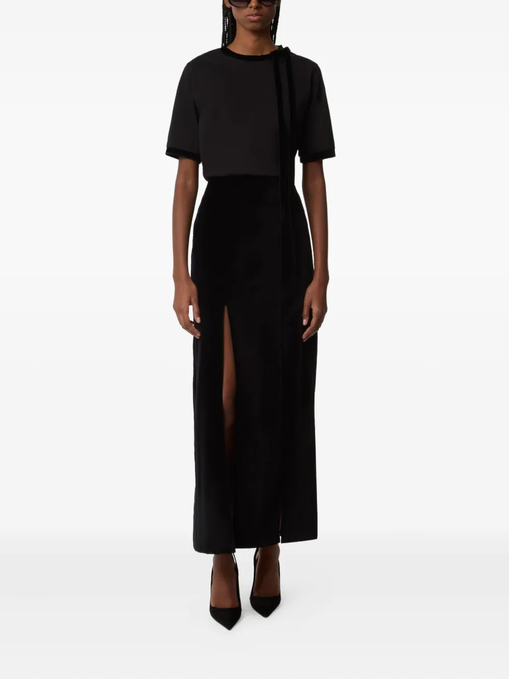 Nina Ricci Velvet-trimmed Short-sleeves Top In Black