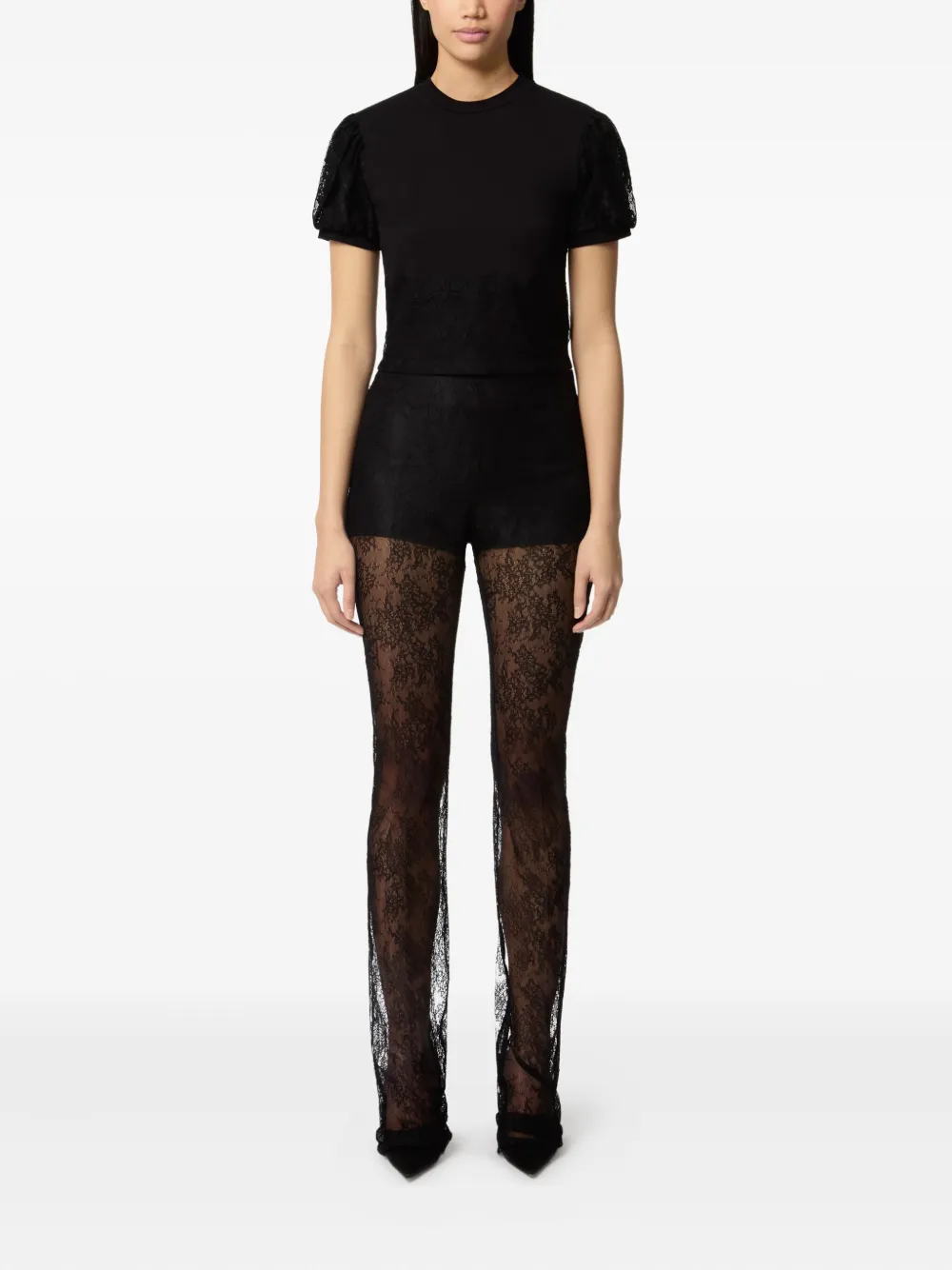 Nina Ricci lace-trimmed puff-sleeve top Zwart