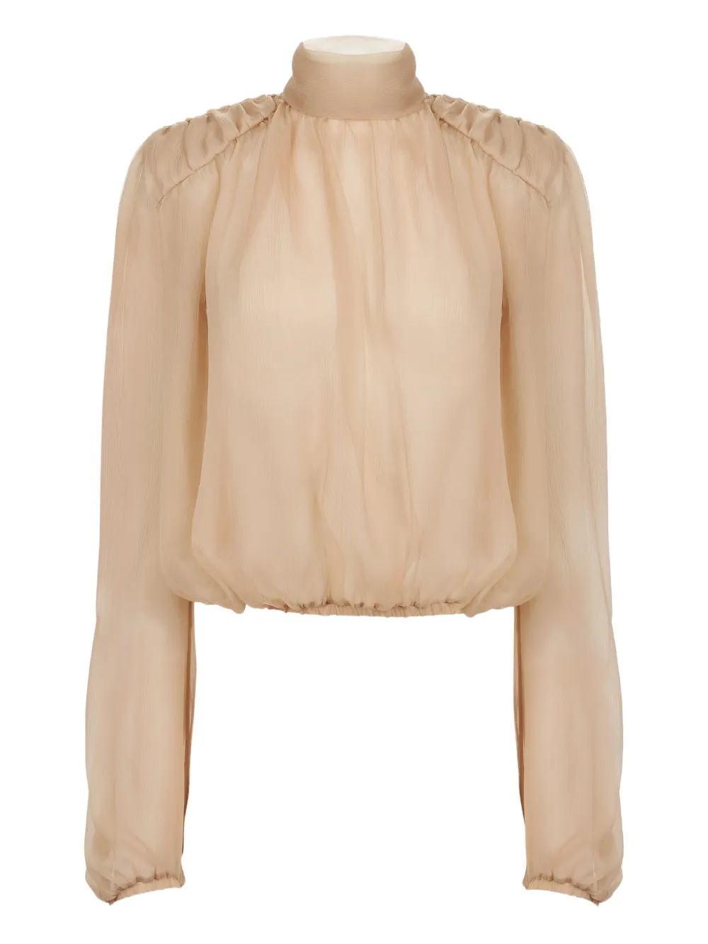 high-neck puffed-sleeve top