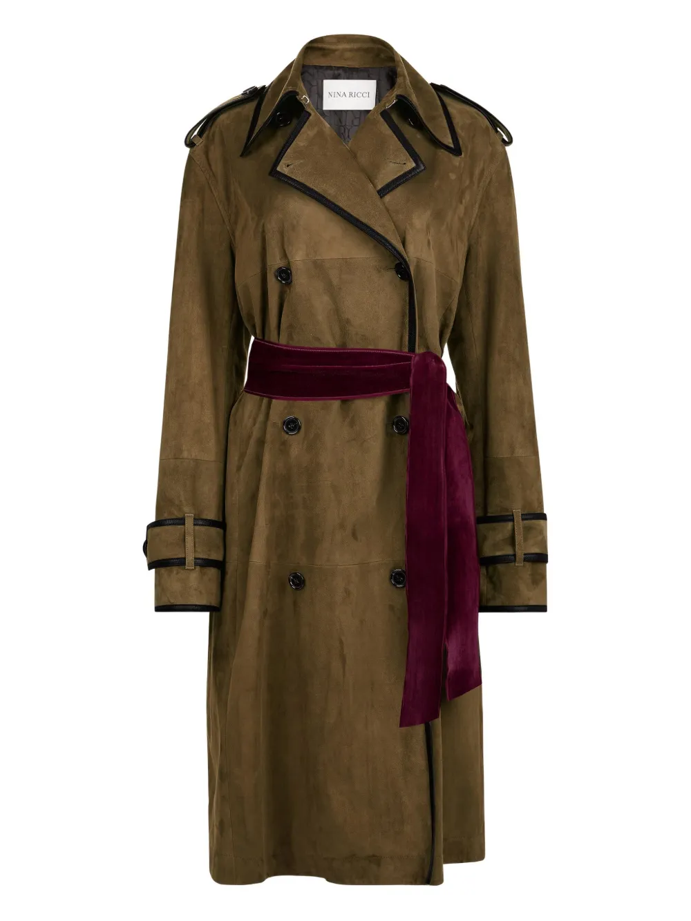 Nina Ricci Belted Leather-trimmed Coat In Brown