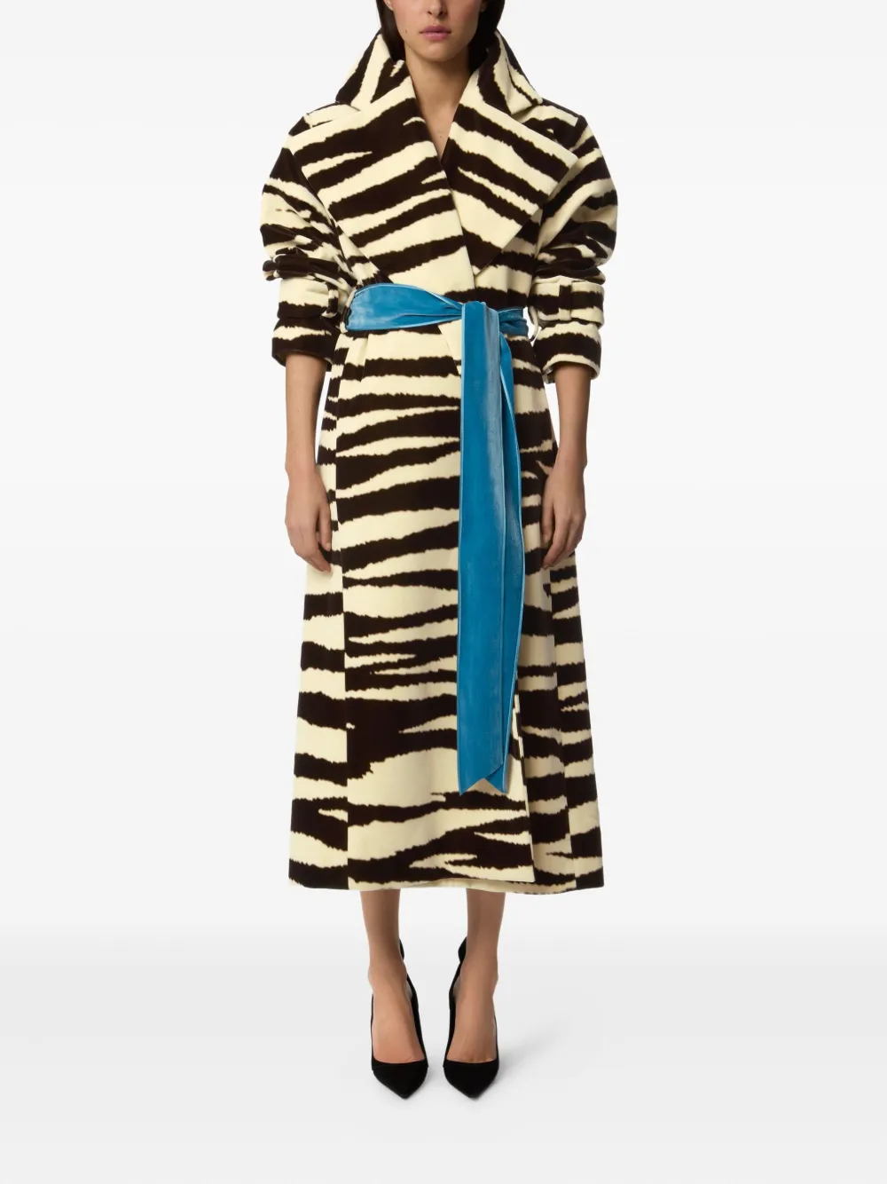 Nina Ricci Zebra-print Belted Coat In Black