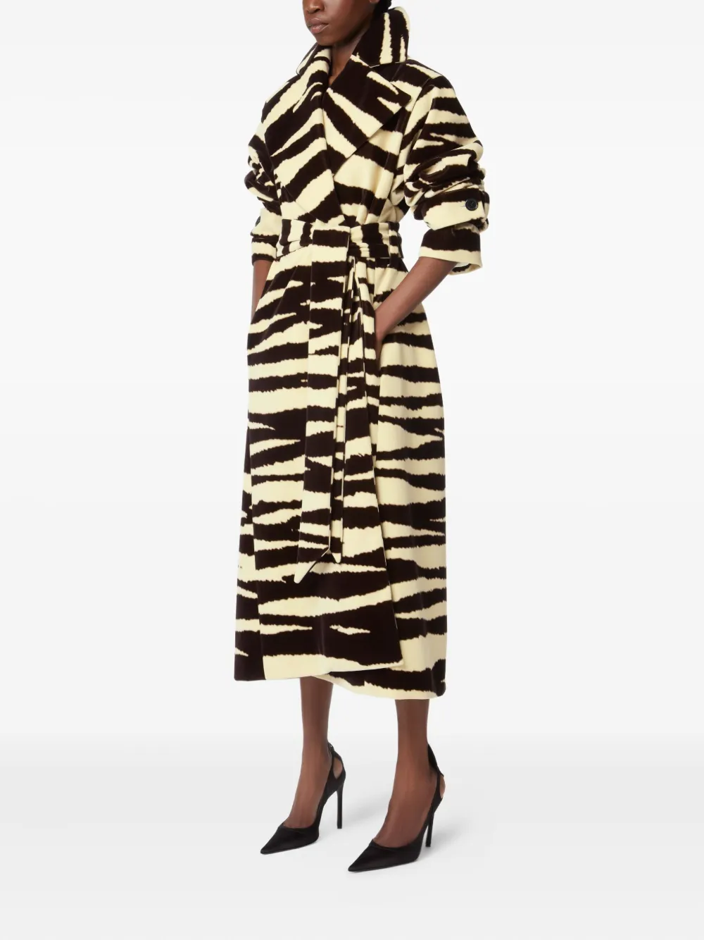 Nina Ricci Zebra-print Belted Coat In Black