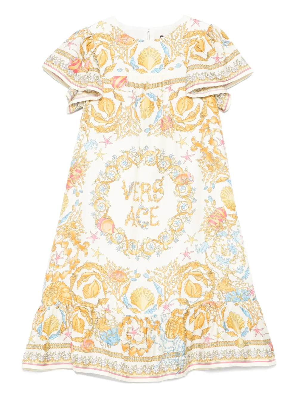 Versace Kids seashell-print ruffled dress Beige