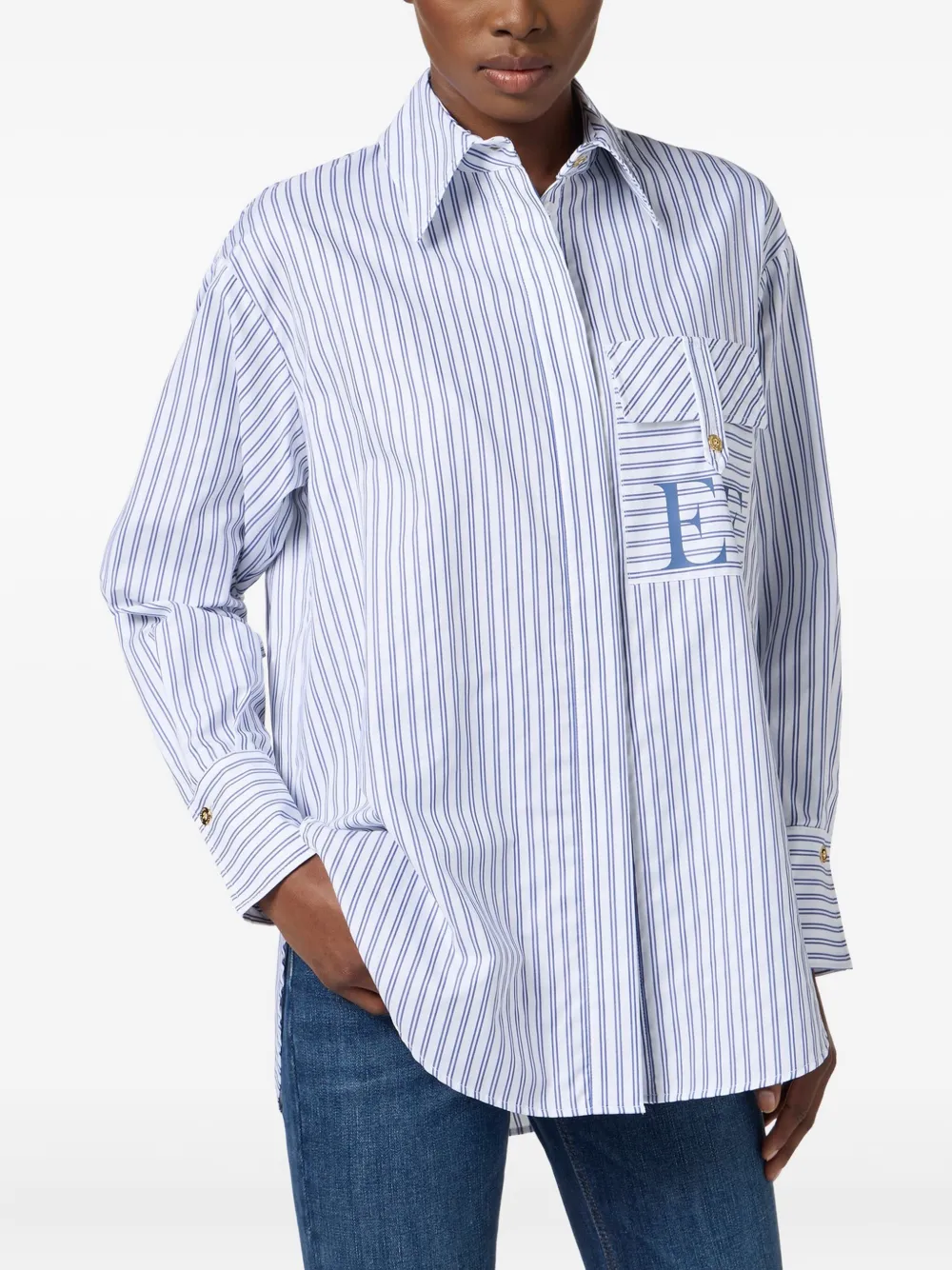 Elisabetta Franchi cotton striped poplin shirt Blauw