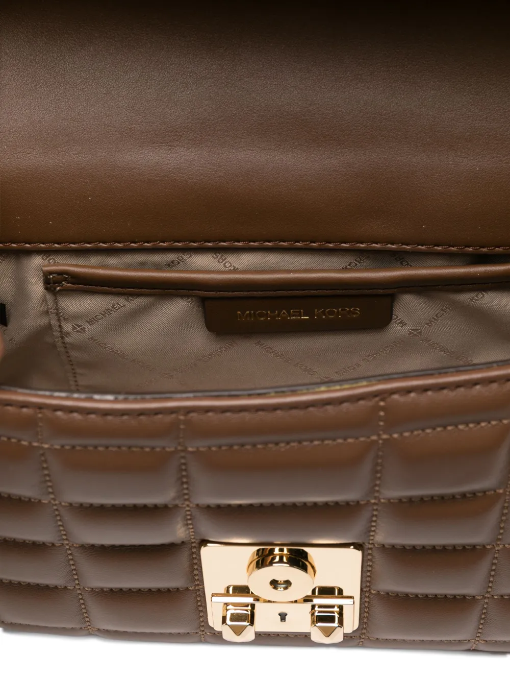 Michael Kors Grote Tribeca gewatteerde schoudertas met ketting Bruin