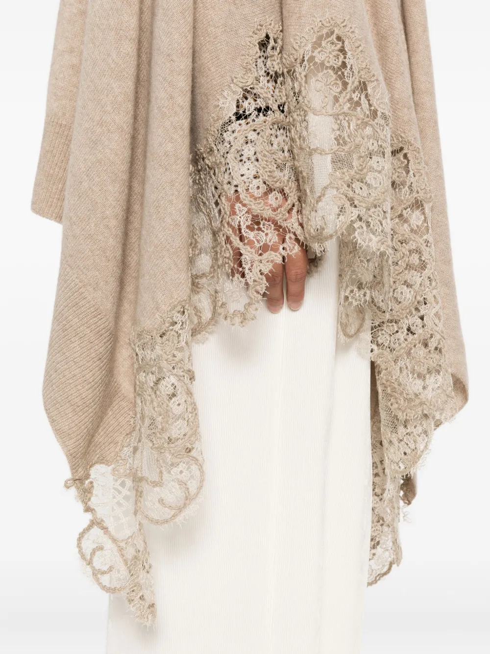 Ermanno Scervino Kasjmier poncho met kanten afwerking Beige