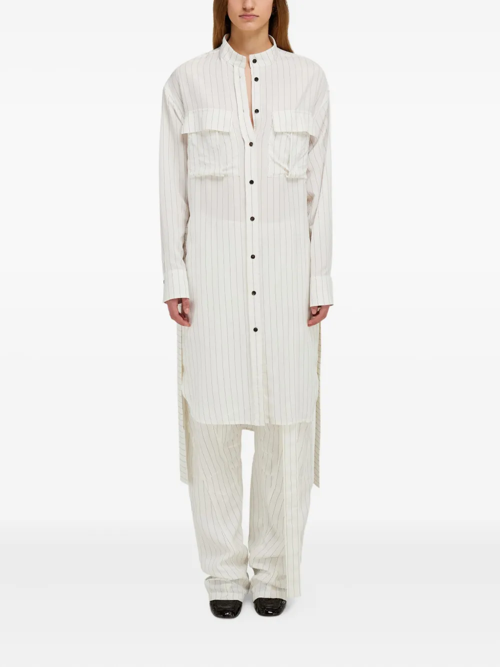 Ferragamo pinstripe mandarin-collar midi shirt dress Wit