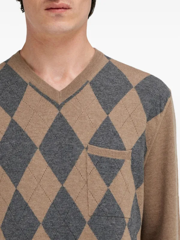 Ferragamo V-neck Argyle virgin-wool Sweater Neutrals FARFETCH HK
