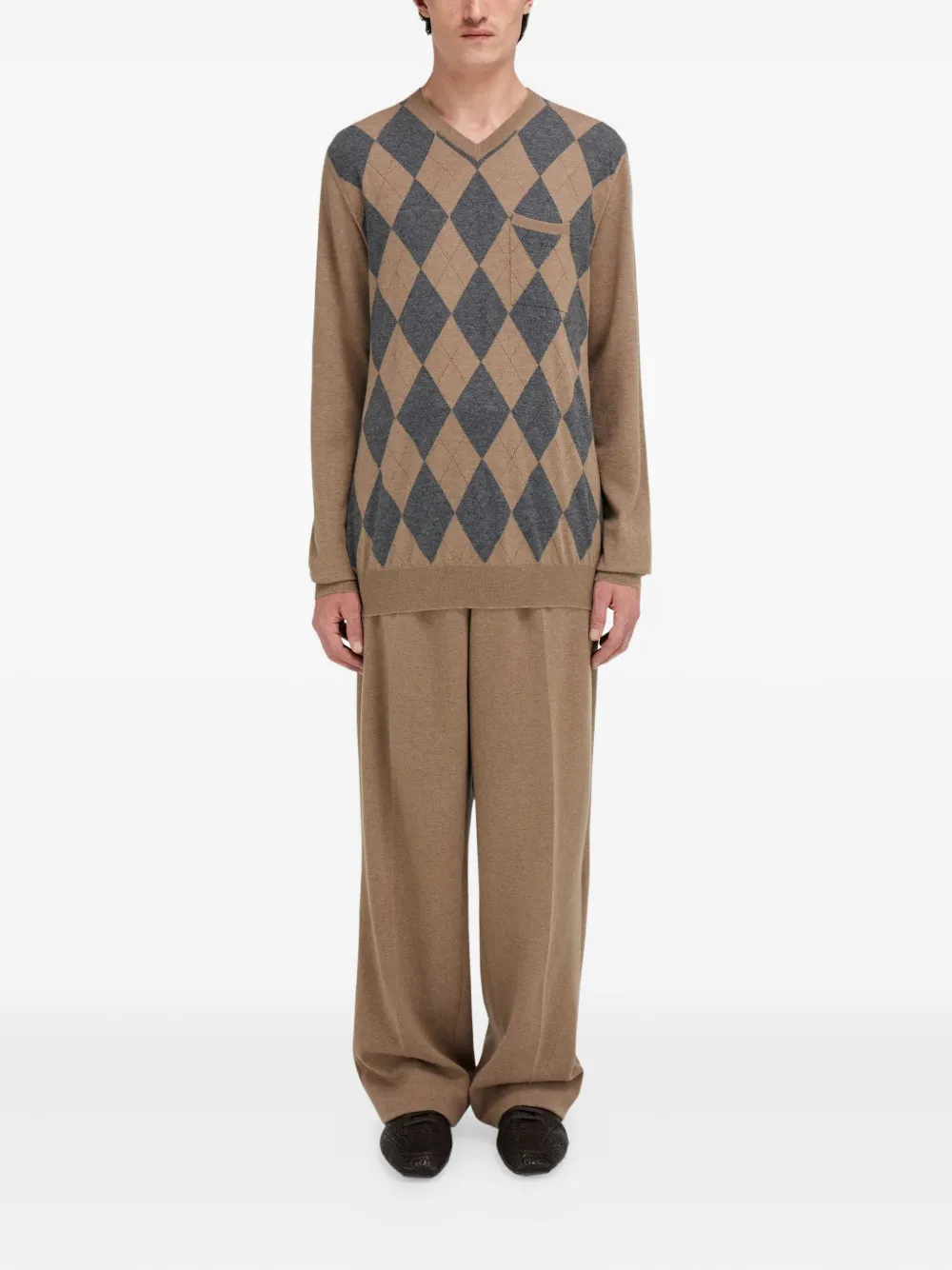 Ferragamo Trui van scheerwol met V-hals en argyle patroon - Beige