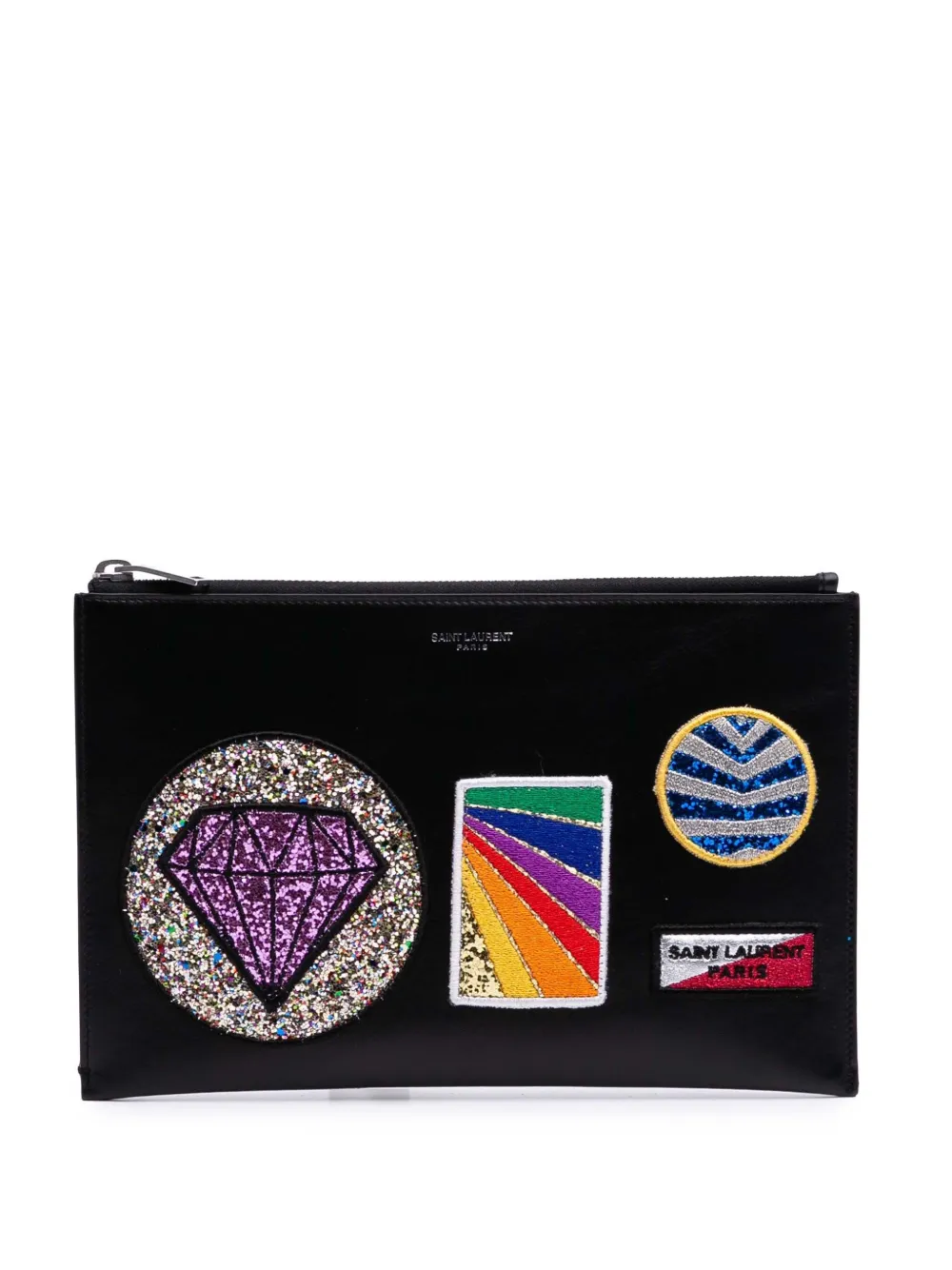 Pre-owned Saint Laurent 2016 Leather Multi Patch Zip Pouch Clutch Bag