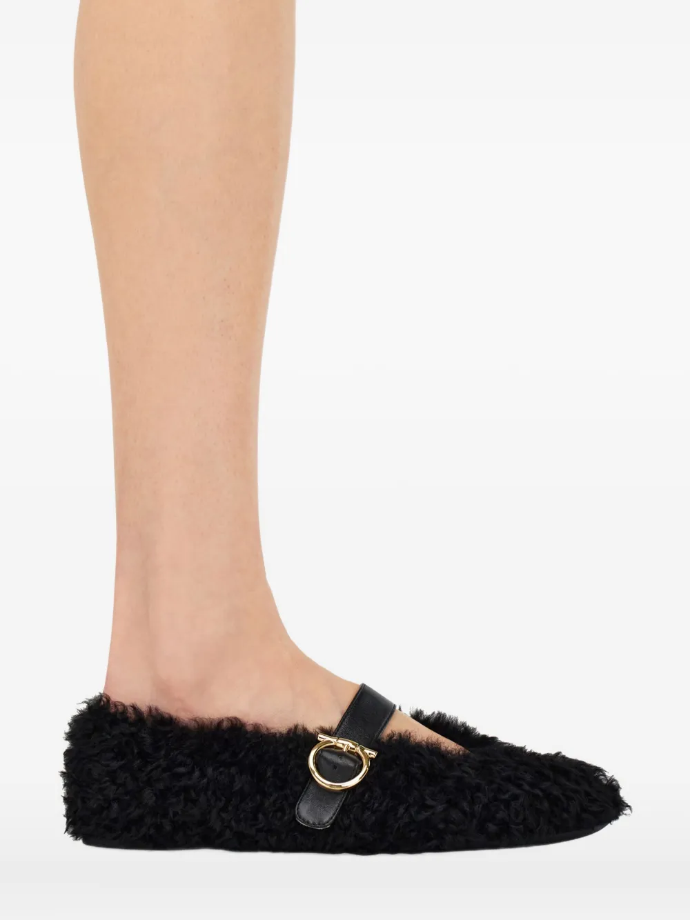 Ferragamo shearling buckled ballet flats Black