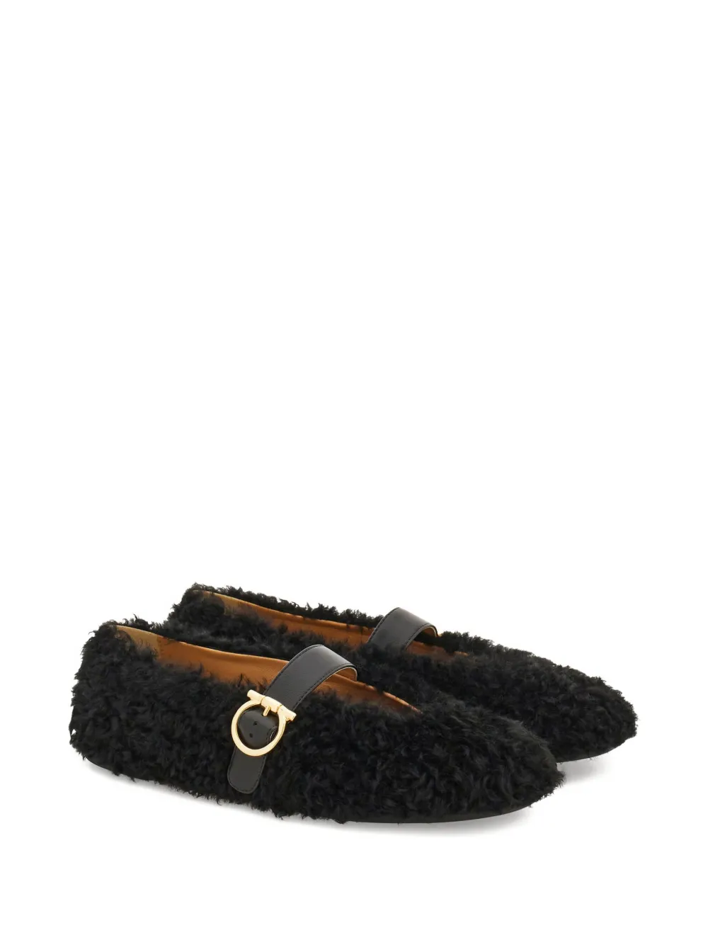 Ferragamo shearling buckled ballet flats Black