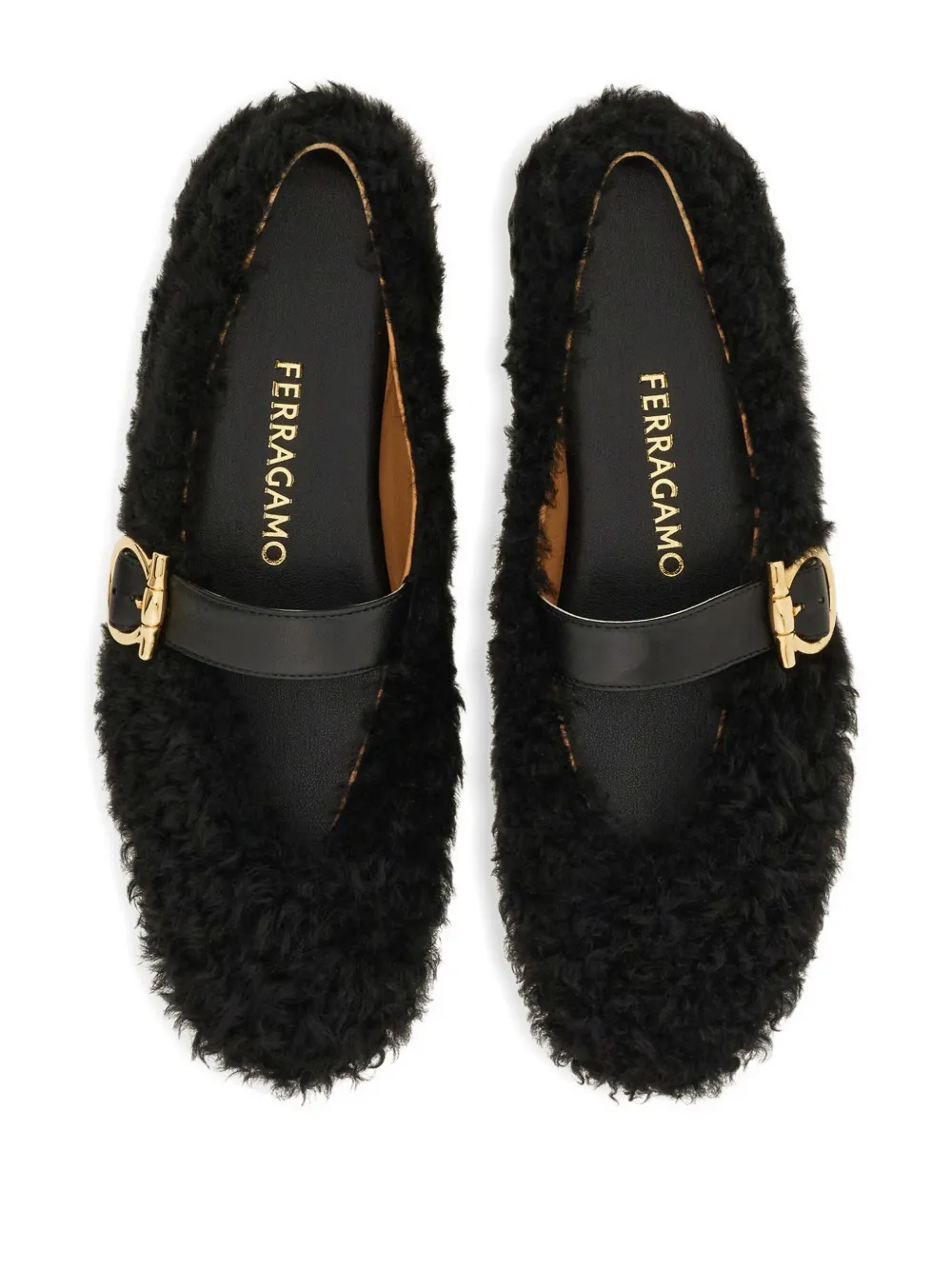Ferragamo shearling buckled ballet flats Black