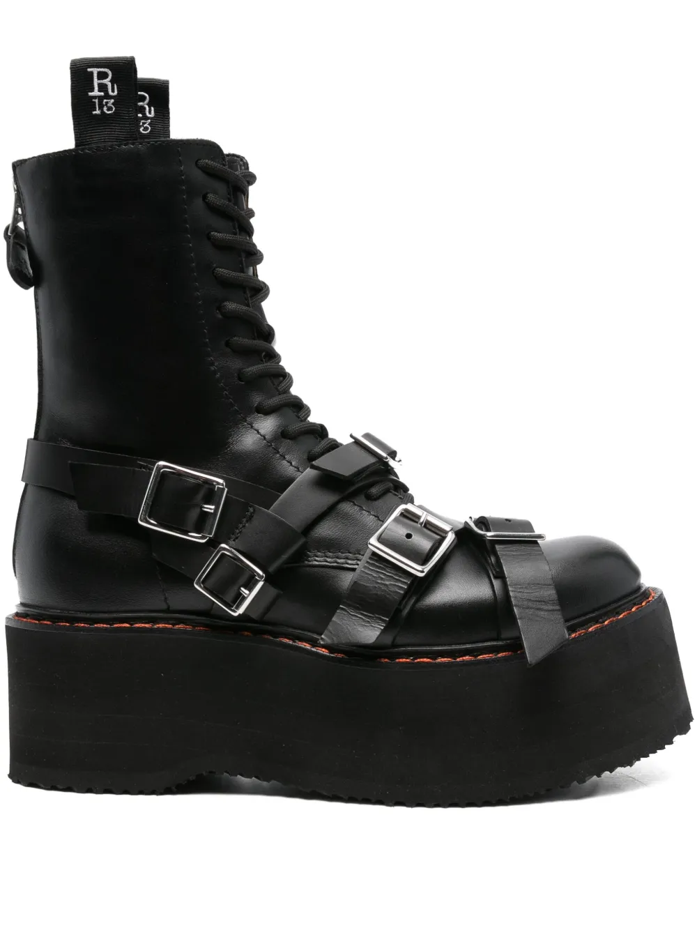 R13 55mm lace-up buckled combat boots Black