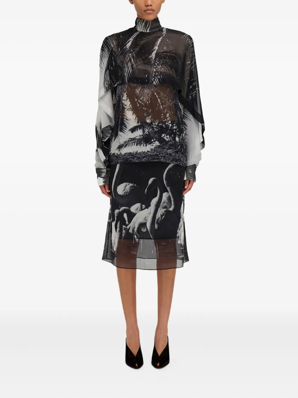 Ferragamo Flamingo-print Georgette Midi Skirt In Gray