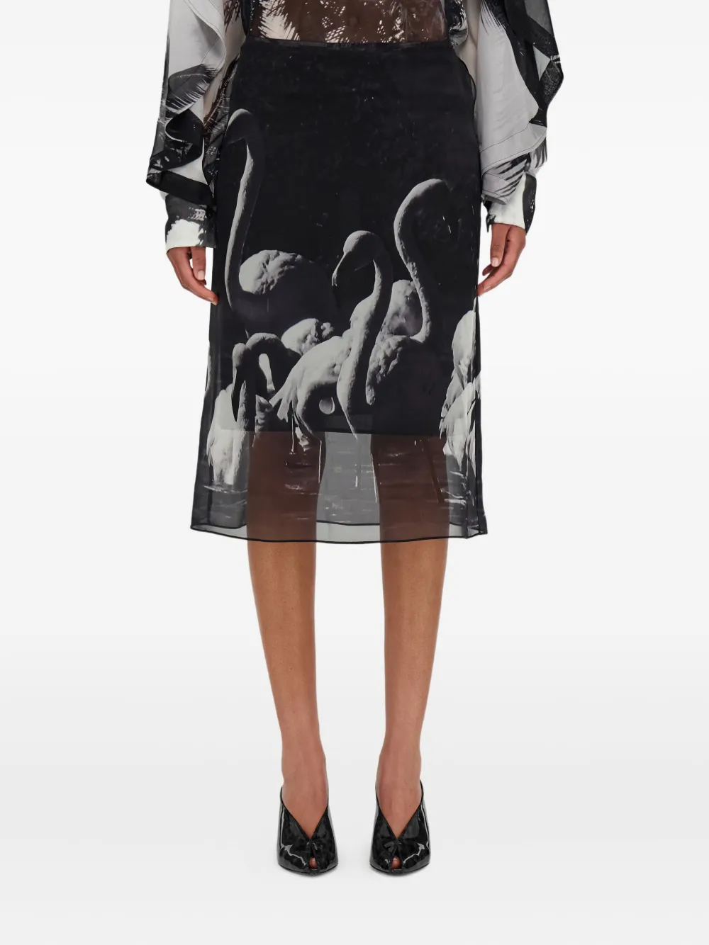 Ferragamo Flamingo-print Georgette Midi Skirt In Gray